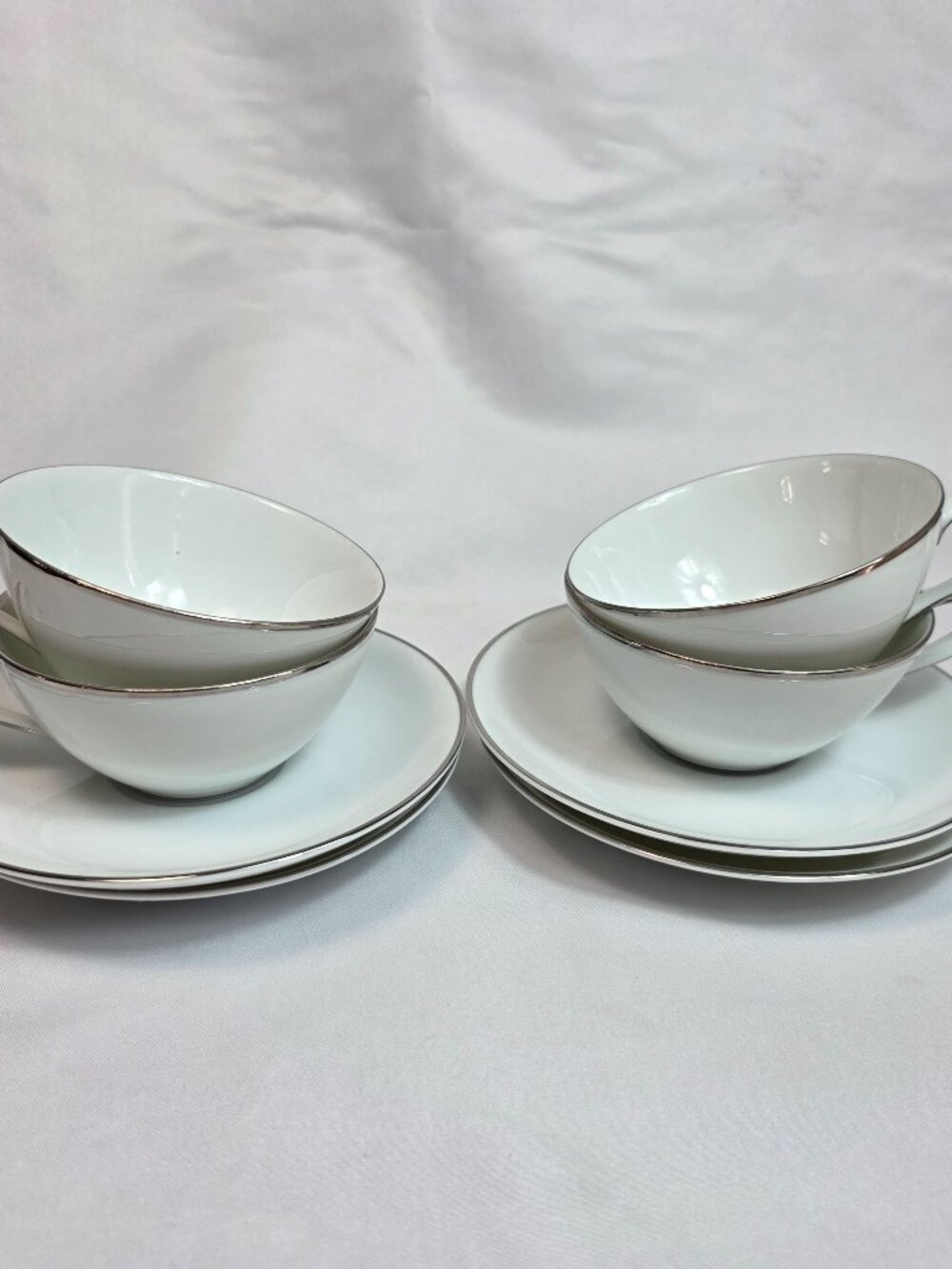 FOUR Noritake Colony Cup & Saucer Sets White Coupe Shape Platinum Trim